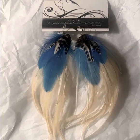 Blue White Cream Genuine Leather Festival Earrings NWT - Picture 4 of 11